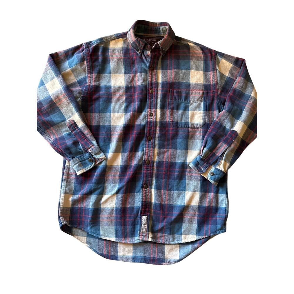 Vtg 90’s Abercrombie & Fitch Authentic Chamois Red Beige Blue S Plaid Button Up